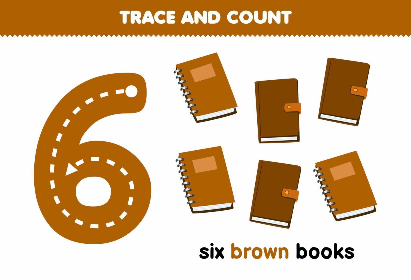 Education game for children tracing number six and counting of cute cartoon brown books printable tool worksheet vector