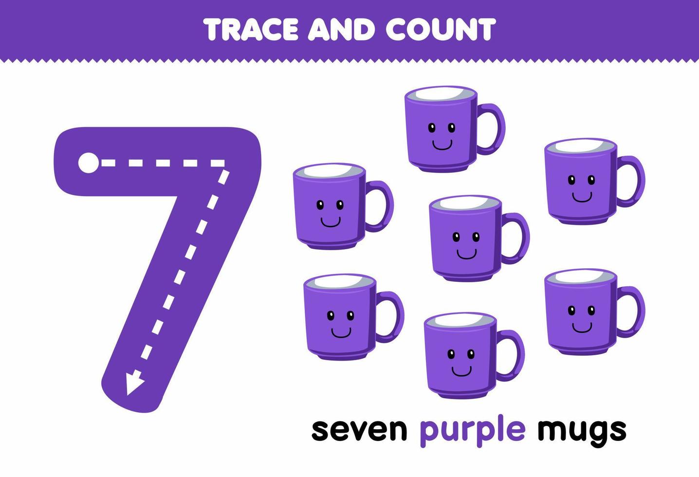 Education game for children tracing number seven and counting of cute cartoon purple mugs printable tool worksheet vector