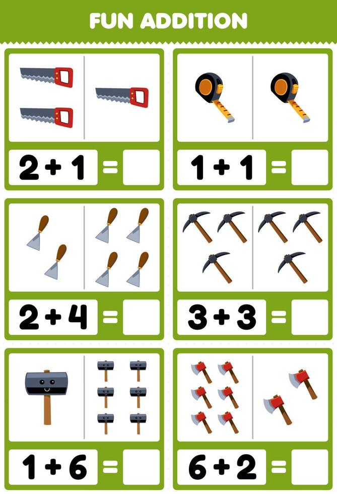 educación juego para niños divertido adición por contando y suma de linda dibujos animados Sierra medida cinta cincel pico martillo hacha imprimible herramienta hoja de cálculo vector