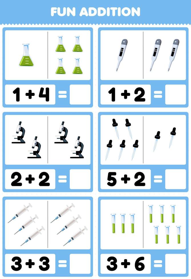 Education game for children fun addition by counting and sum of cute cartoon beaker thermometer microscope dropper syringe test tube printable tool worksheet vector