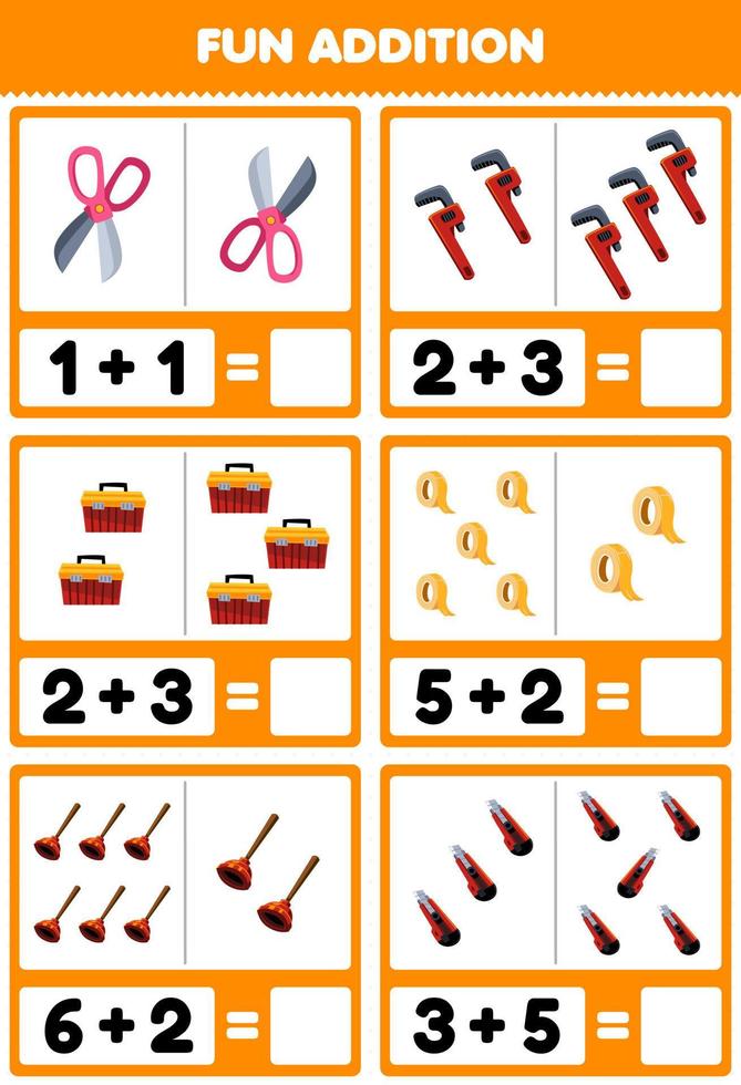 Education game for children fun addition by counting and sum of cute cartoon scissor wrench toolbox tape toilet vacuum cutter printable tool worksheet vector