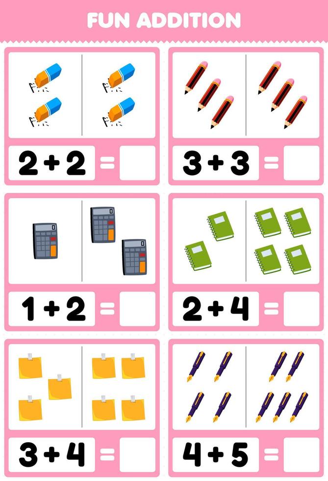 Education game for children fun addition by counting and sum of cute cartoon eraser pencil calculator book pen printable tool worksheet vector
