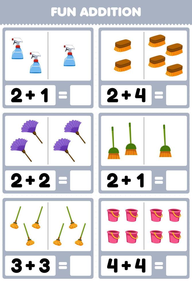 Education game for children fun addition by counting and sum of cute cartoon sprayer brush duster broom mop bucket printable tool worksheet vector