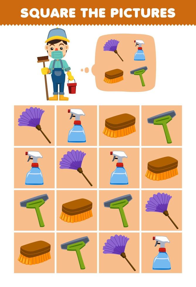 Education game for children help cute cartoon janitor square the correct duster sprayer brush squeegee set picture printable tool worksheet vector