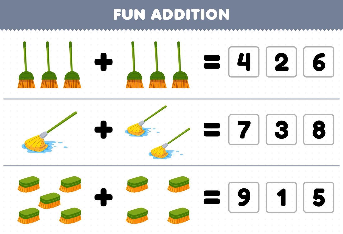 Education game for children fun addition by guess the correct number of cute cartoon broom mop brush picture printable tool worksheet vector