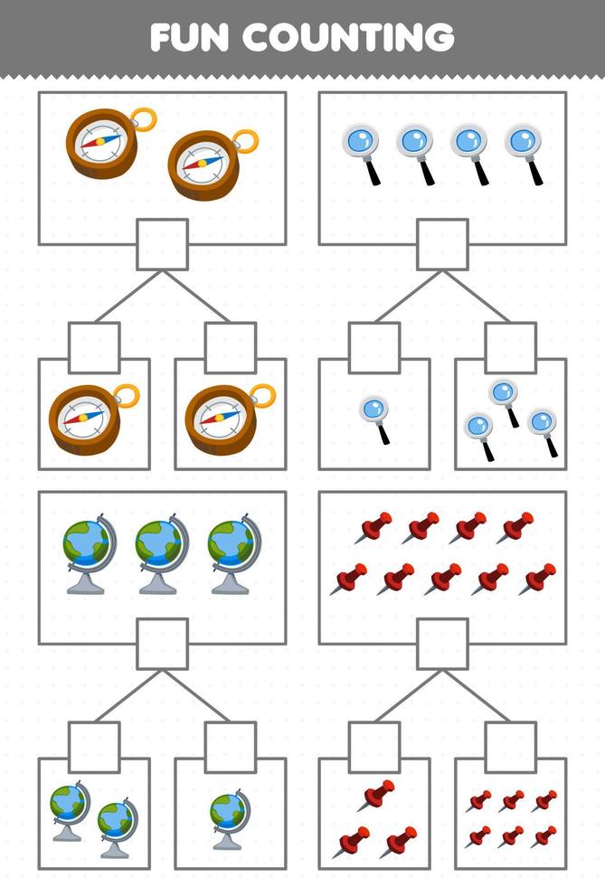 Education game for children fun counting picture in each box of cute cartoon compass magnifier globe pin printable tool worksheet vector