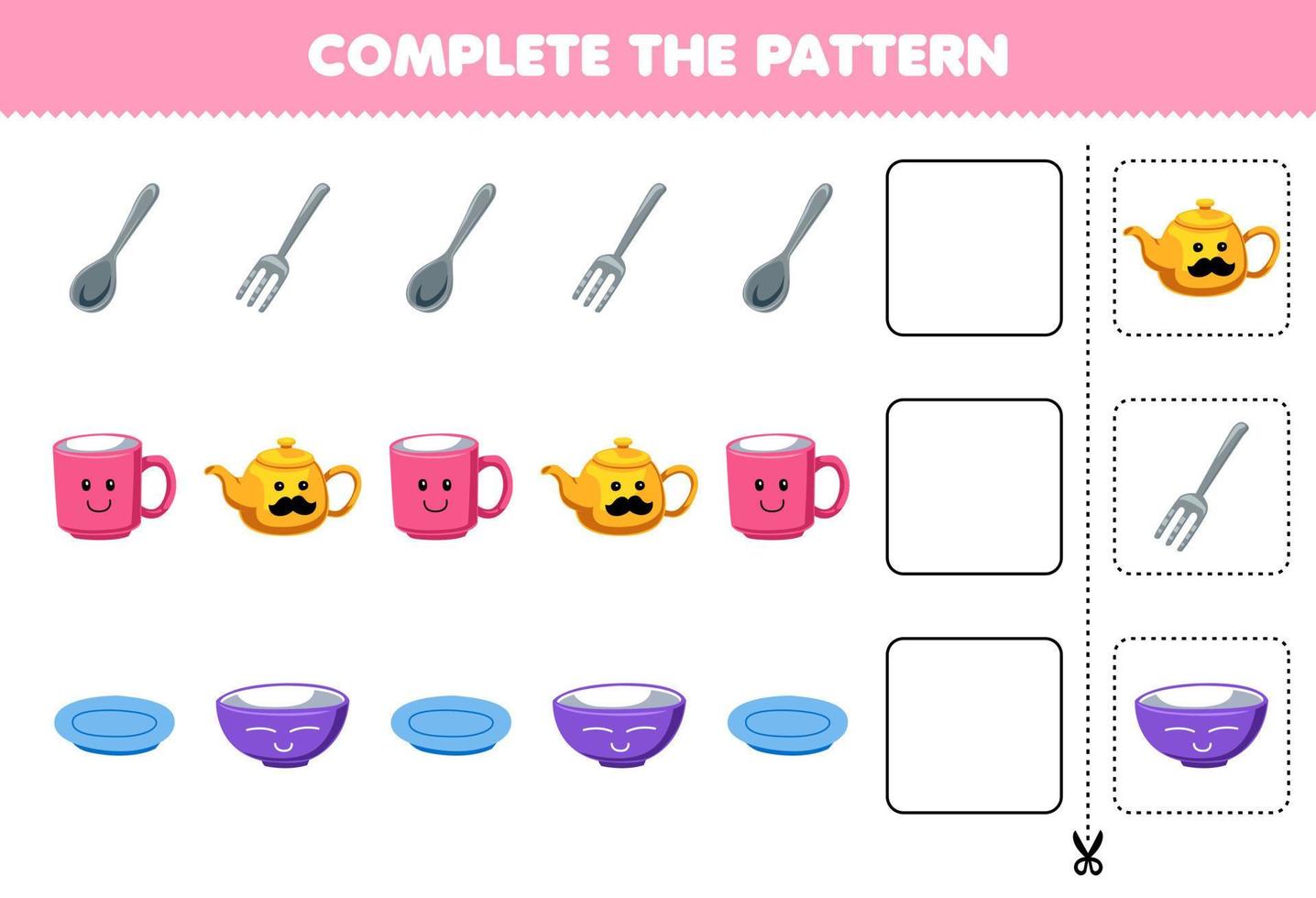 Education game for children complete the pattern for cute cartoon spoon fork mug teapot plate bowl printable worksheet vector