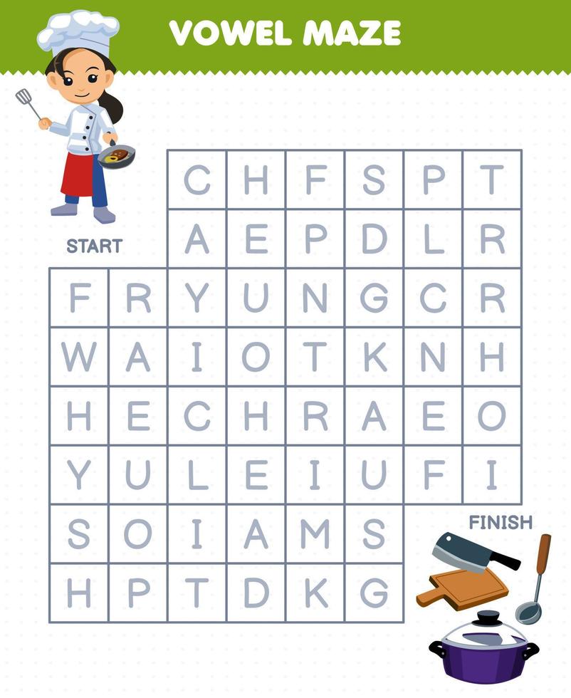 Education game for children vowel maze help cute cartoon chef move to knife chopping board ladle pot printable tool worksheet vector