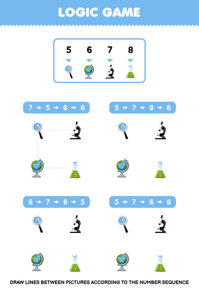 Education game for children draw lines according to the number sequences of cute cartoon magnifier globe microscope beaker pictures printable tool worksheet vector