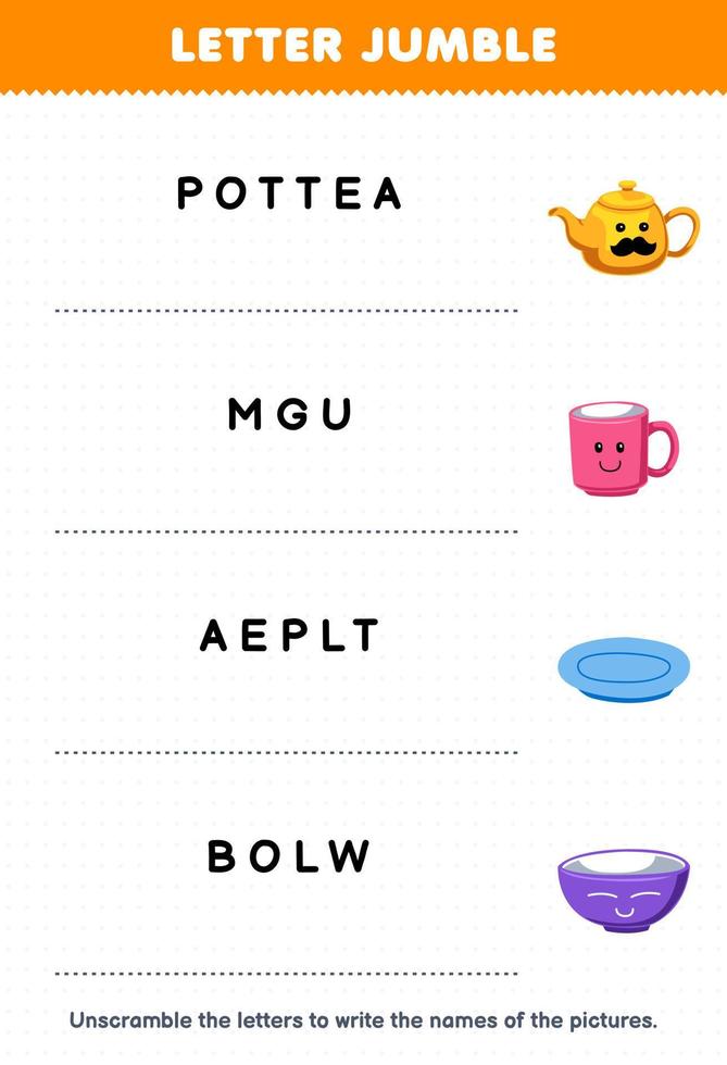Education game for children letter jumble write the correct name for cute cartoon teapot mug