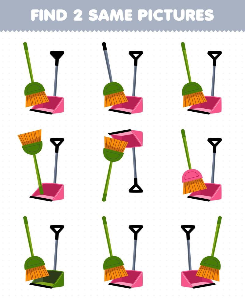 Education game for children find two same pictures of cute cartoon broom and dust pan printable tool worksheet vector