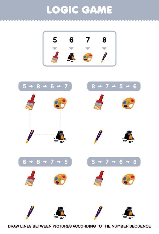 Education game for children draw lines according to the number sequences of cute cartoon brush ink palette pen pictures printable tool worksheet vector