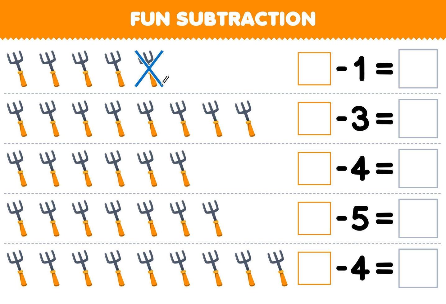 Education game for children fun subtraction by counting cute cartoon fork in each row and eliminating it printable tool worksheet vector