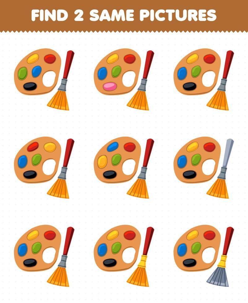 Education game for children find two same pictures of cute cartoon palette and brush printable tool worksheet vector