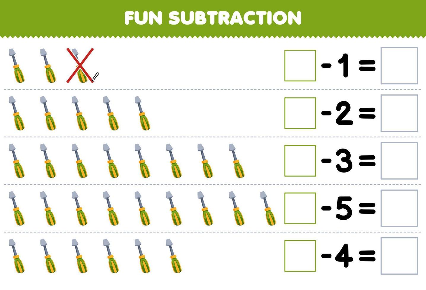 Education game for children fun subtraction by counting cute cartoon screwdriver in each row and eliminating it printable tool worksheet vector