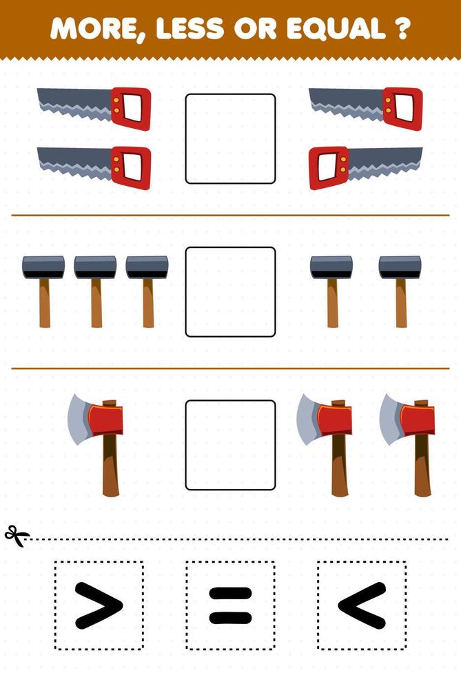 Education game for children count more less or equal of cartoon saw hammer axe then cut and glue the correct sign tool worksheet vector