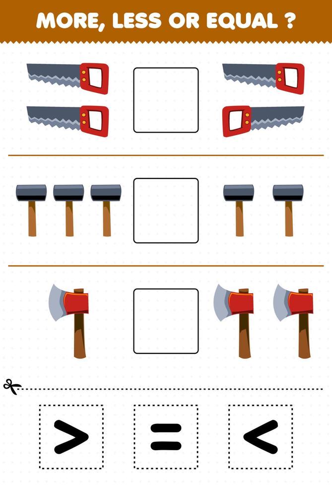 educación juego para niños contar más Menos o igual de dibujos animados Sierra martillo hacha luego cortar y pegamento el correcto firmar herramienta hoja de cálculo vector