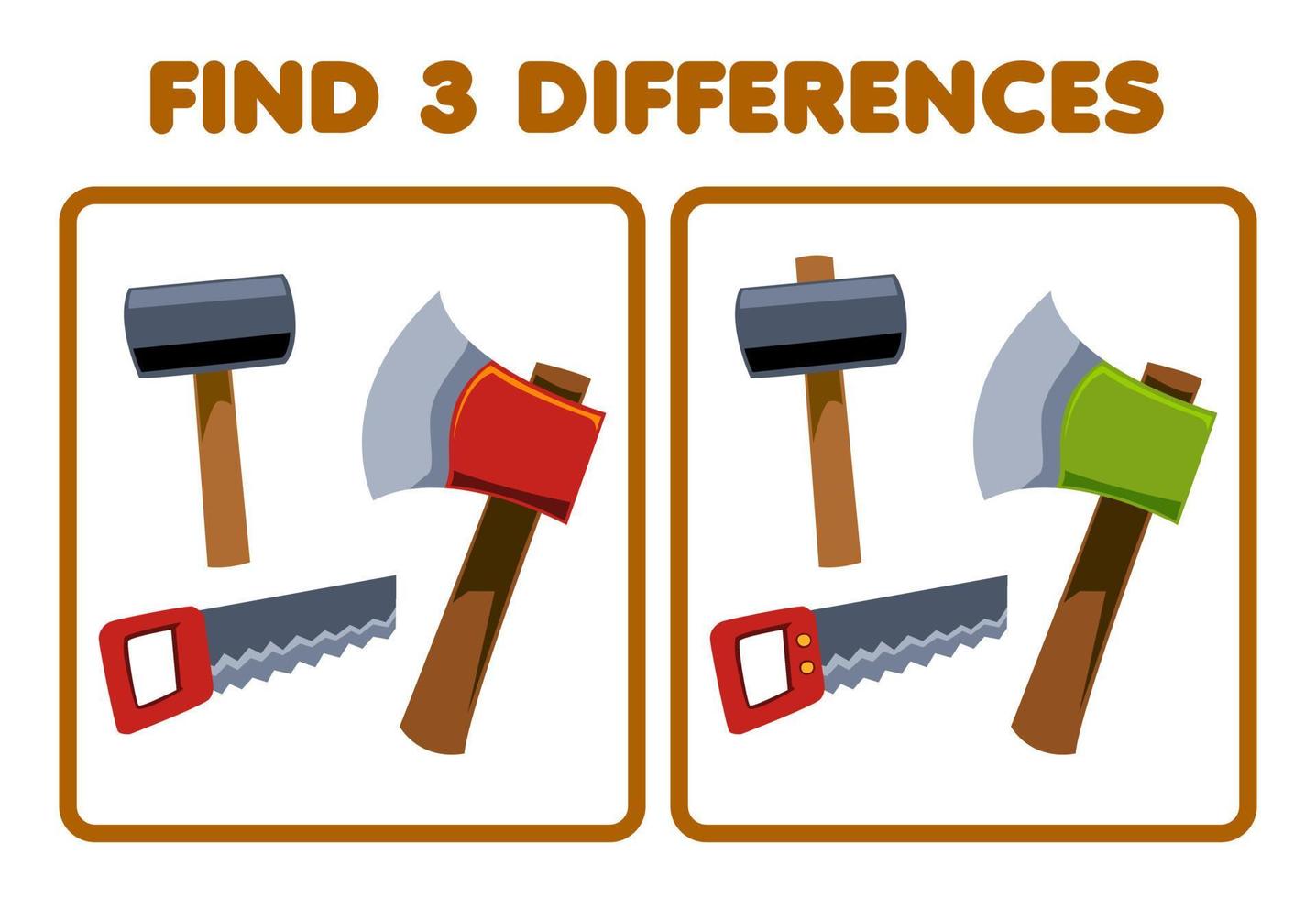 Education game for children find three differences between two cute cartoon hammer axe and saw picture printable tool worksheet vector