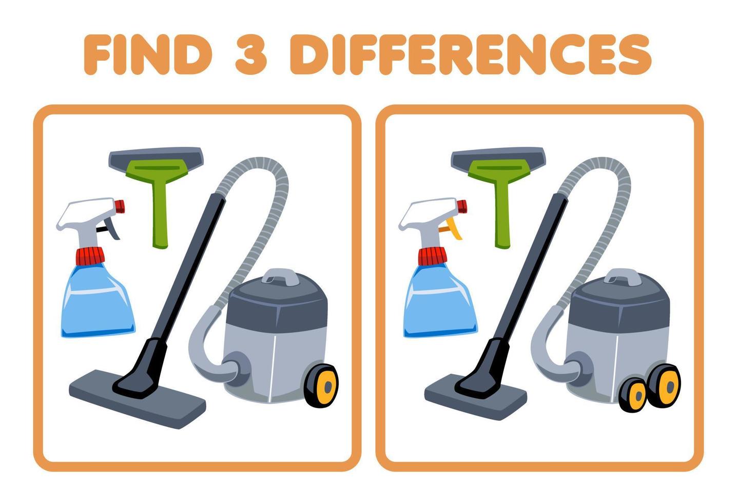 Education game for children find three differences between two cute cartoon sprayer squeegee and vacuum cleaner picture printable tool worksheet vector