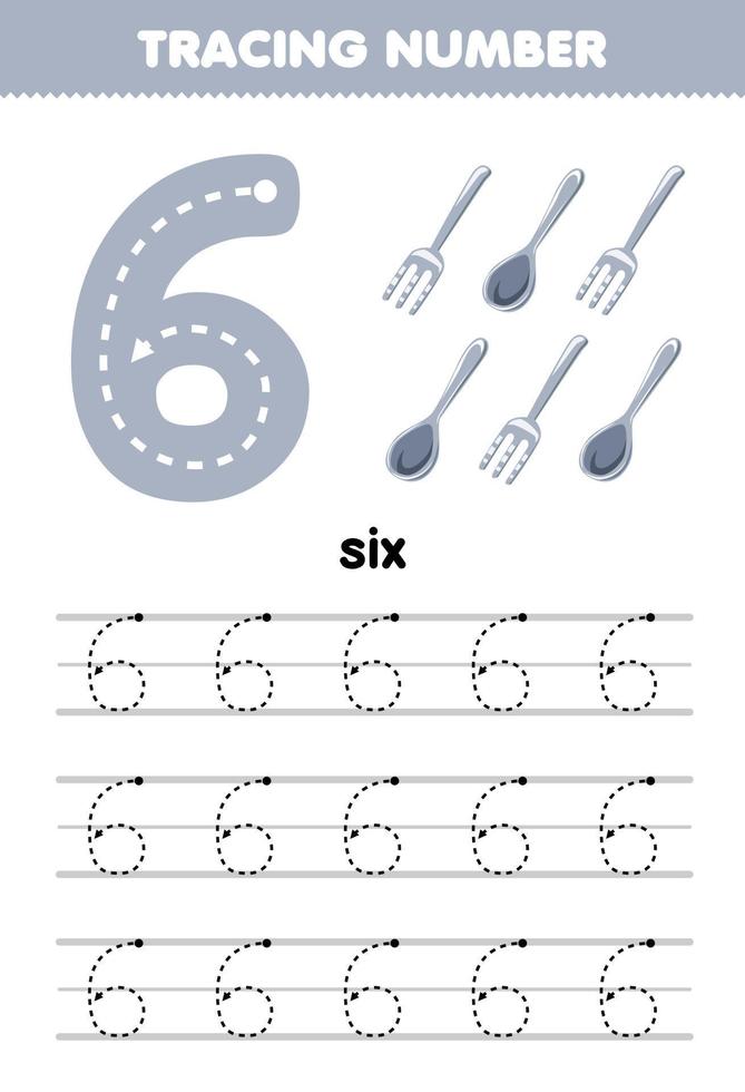 educación juego para niños rastreo número seis con gris tenedor y cuchara imagen imprimible herramienta hoja de cálculo vector