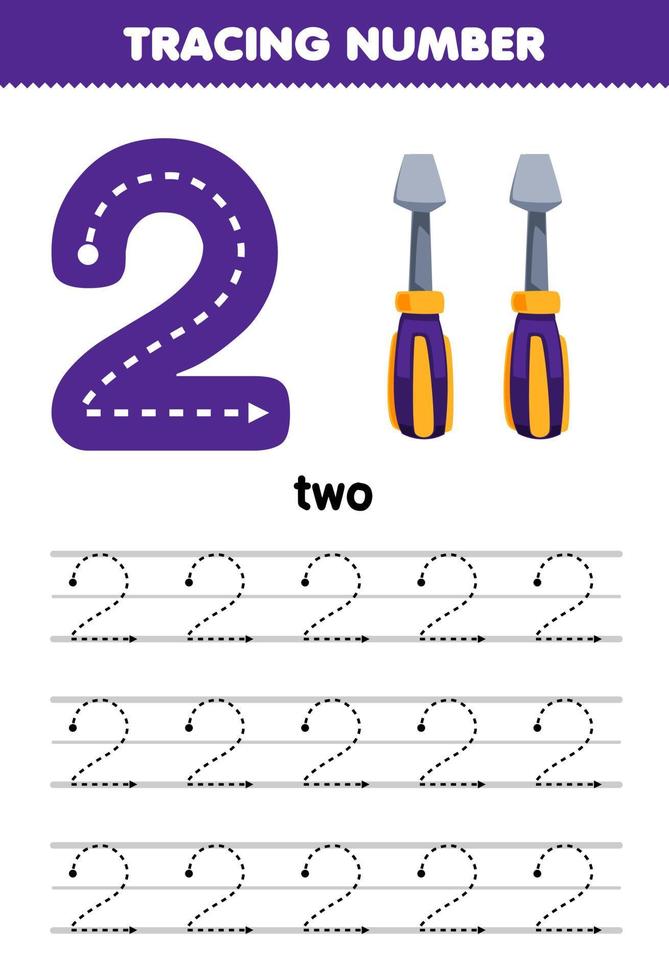 Education game for children tracing number two with purple screwdriver picture printable tool worksheet vector