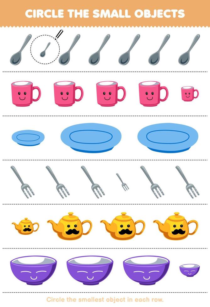 Education game for children circle the smallest object in each row of cute cartoon spoon mug plate fork teapot bowl printable tool worksheet vector