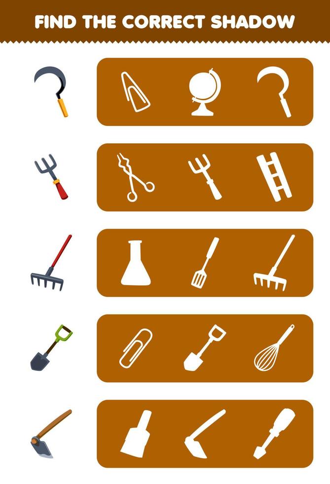 Education game for children find the correct shadow silhouette of cute cartoon sickle fork rake shovel hoe printable tool worksheet vector