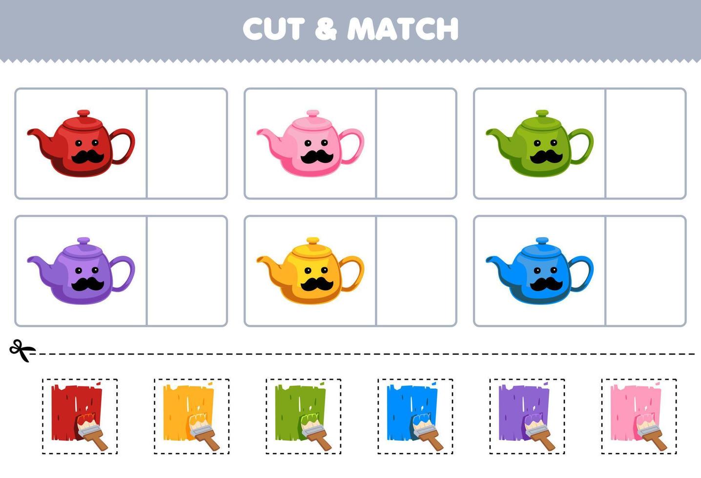 Education game for children cut and match the same color of cute cartoon teapot picture printable tool worksheet vector