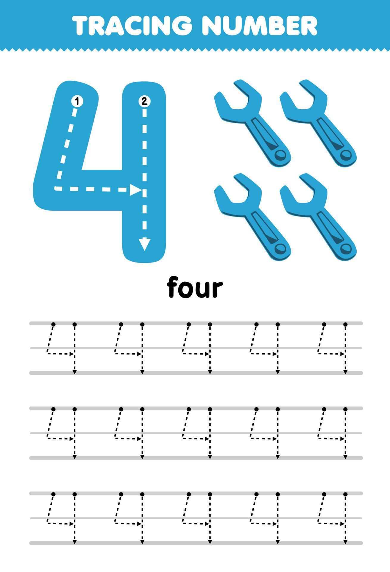 Education game for children tracing number four with blue wrench ...