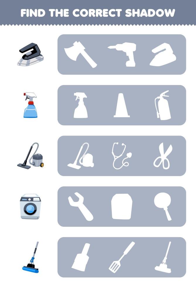 Education game for children find the correct shadow silhouette of cute cartoon iron sprayer vacuum cleaner washing machine mop printable tool worksheet vector