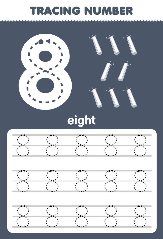 Education game for children tracing number eight with white chalk picture printable tool worksheet vector