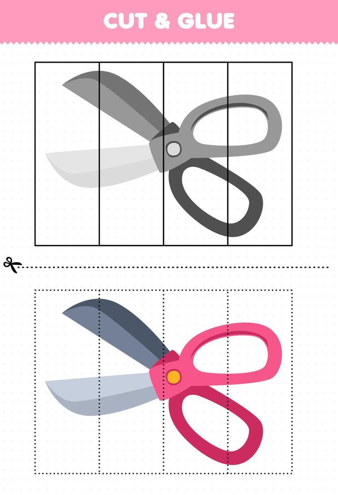 Education game for children cut and glue with cute cartoon scissor picture printable tool worksheet vector