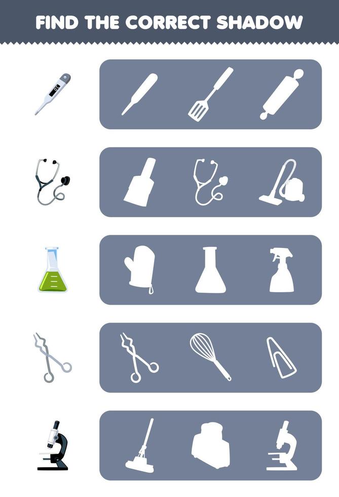 Education game for children find the correct shadow silhouette of cute cartoon thermometer stethoscope beaker scissor microscope printable tool worksheet vector