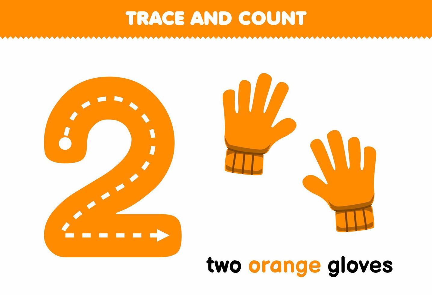 Education game for children tracing number two and counting of cute cartoon orange gloves printable tool worksheet vector