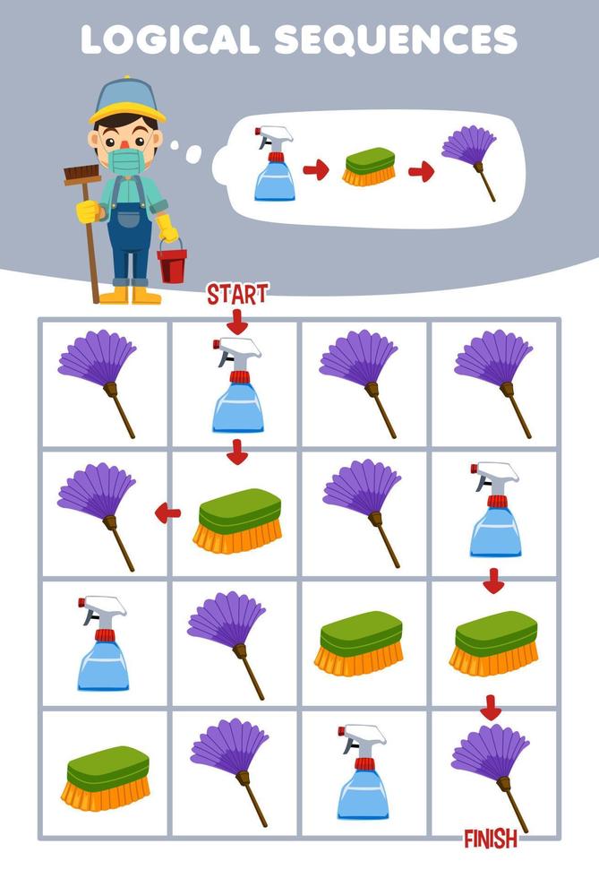 Education game for children logical sequence help janitor sort sprayer brush and duster from start to finish printable tool worksheet vector