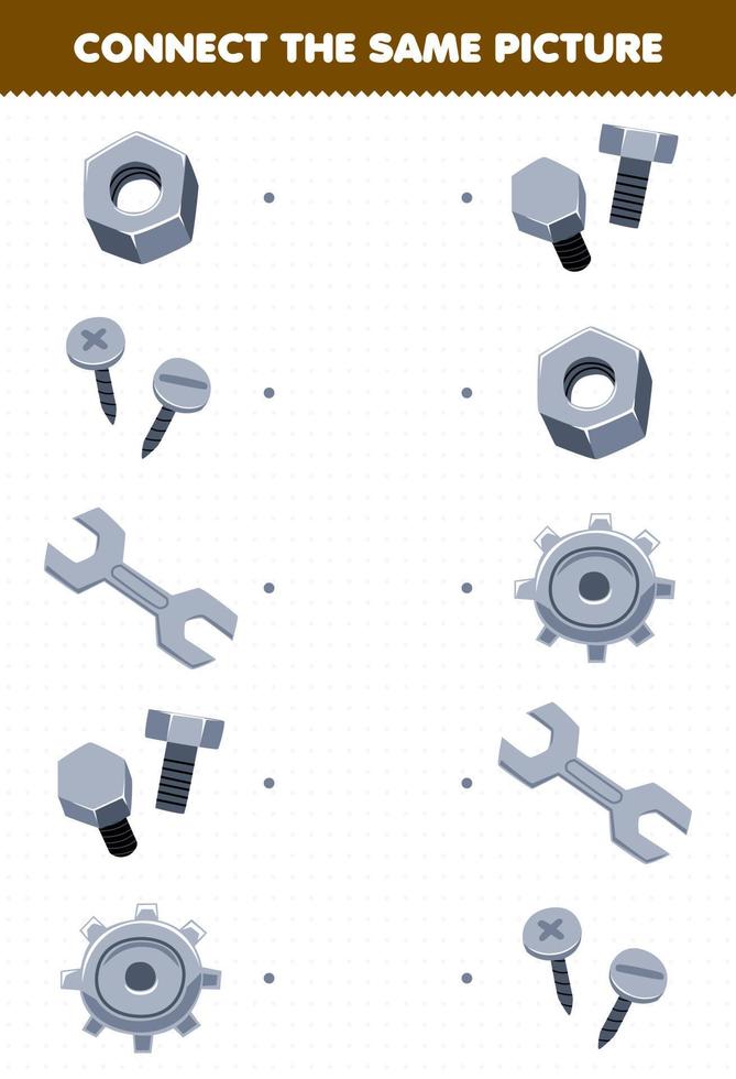 Education game for children connect the same picture of cartoon nut screw spanner bolt gear picture printable tool worksheet vector