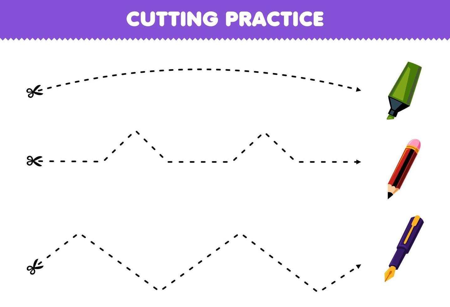 Education game for children cutting practice with cute cartoon marker pencil and pen picture printable tool worksheet vector