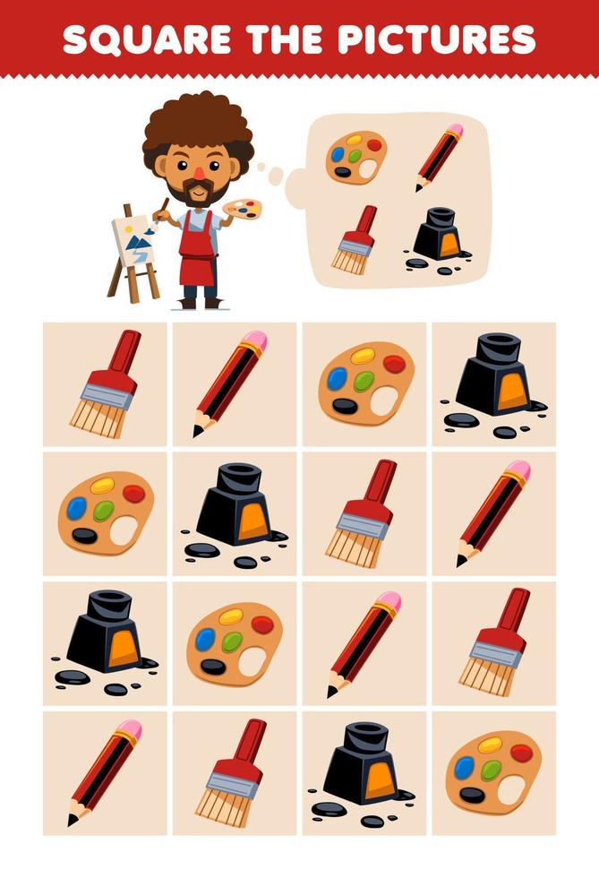 Education game for children help cute cartoon painter square the correct palette pencil brush ink set picture printable tool worksheet vector