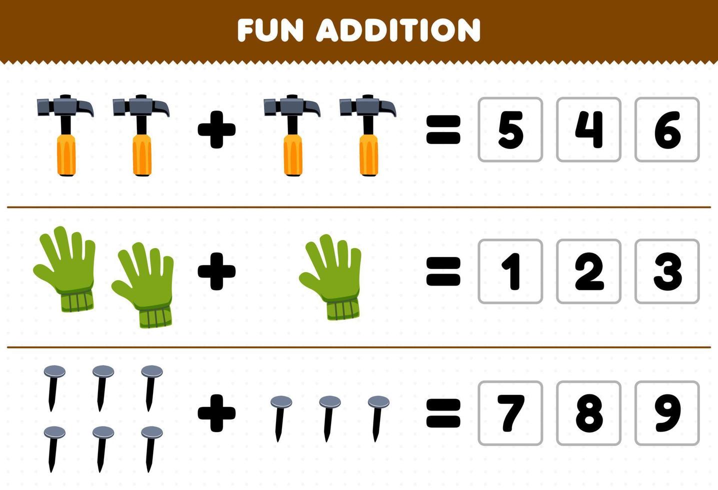 educación juego para niños divertido adición por adivinar el correcto número de linda dibujos animados martillo guante uña imagen imprimible herramienta hoja de cálculo vector