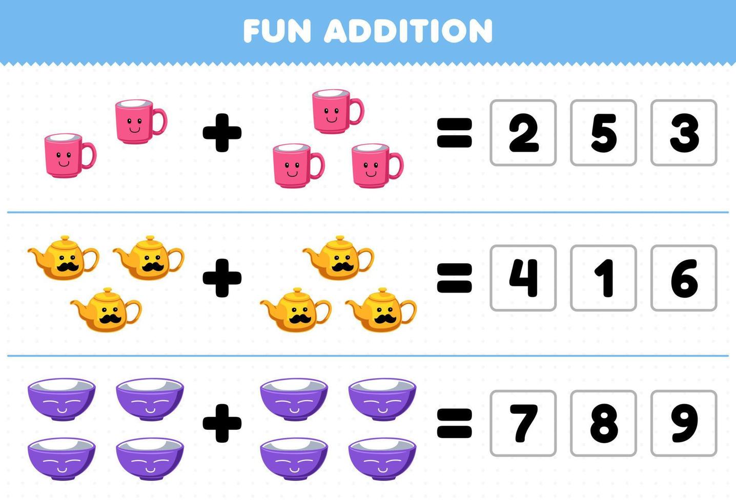Education game for children fun addition by guess the correct number of cute cartoon mug teapot bowl picture printable tool worksheet vector
