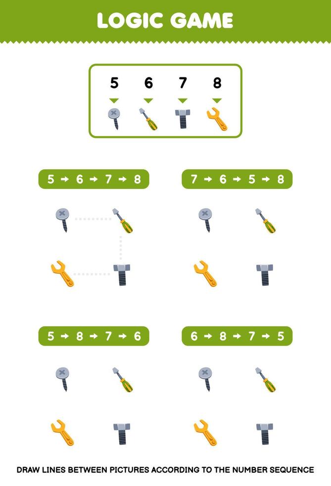 Education game for children draw lines according to the number sequences of cute cartoon screw screwdriver bolt wrench pictures printable tool worksheet vector
