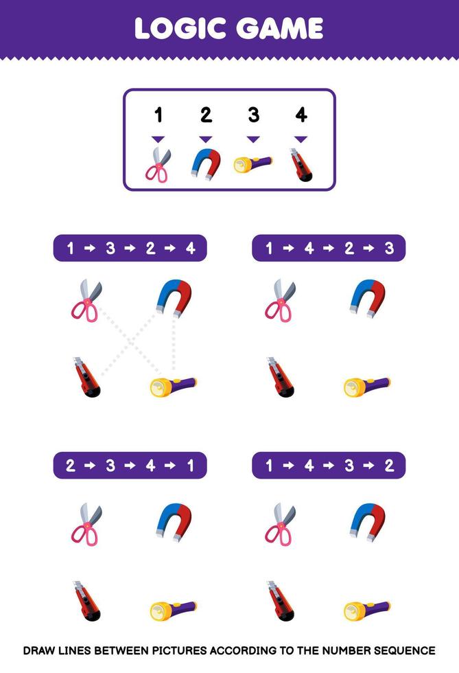 Education game for children draw lines according to the number sequences of cute cartoon scissor magnet flashlight cutter pictures printable tool worksheet vector