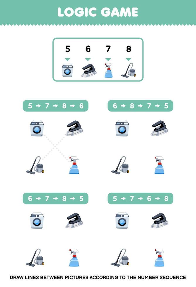 Education game for children draw lines according to the number sequences of cute cartoon washing machine iron sprayer vacuum cleaner printable tool worksheet vector