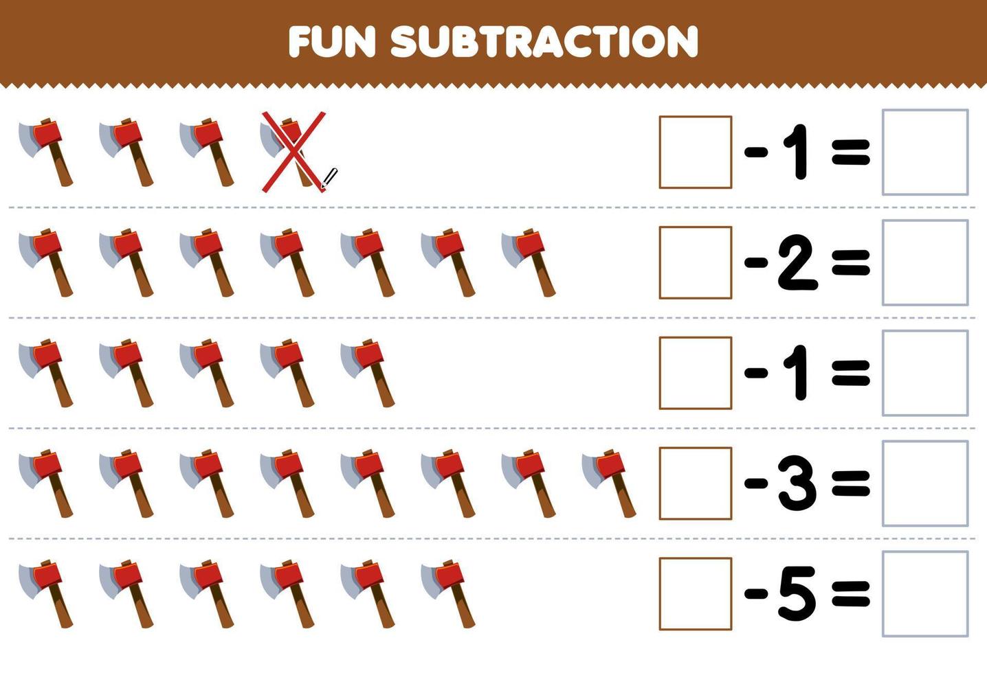 Education game for children fun subtraction by counting cute cartoon axe in each row and eliminating it printable tool worksheet vector