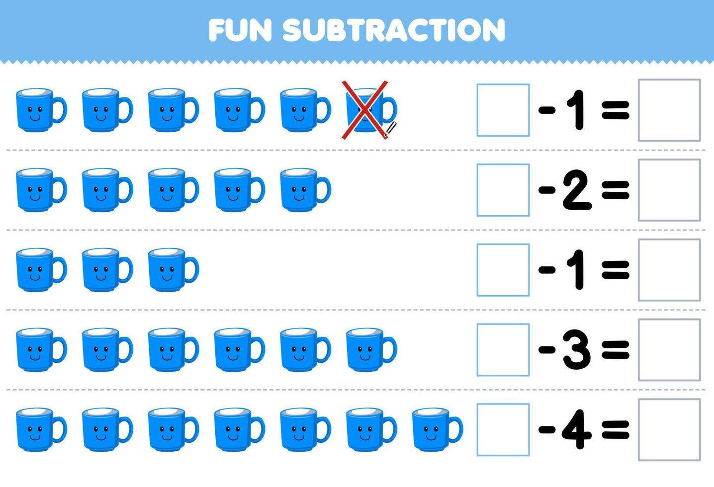 Education game for children fun subtraction by counting cute cartoon mug in each row and eliminating it printable tool worksheet vector