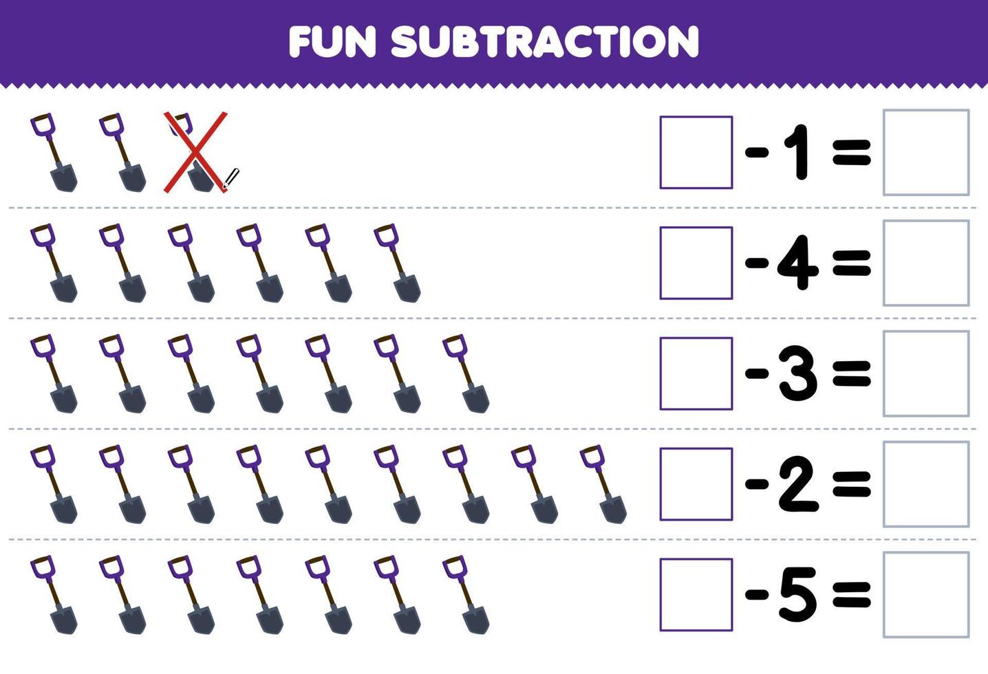 Education game for children fun subtraction by counting cute cartoon shovel in each row and eliminating it printable tool worksheet vector