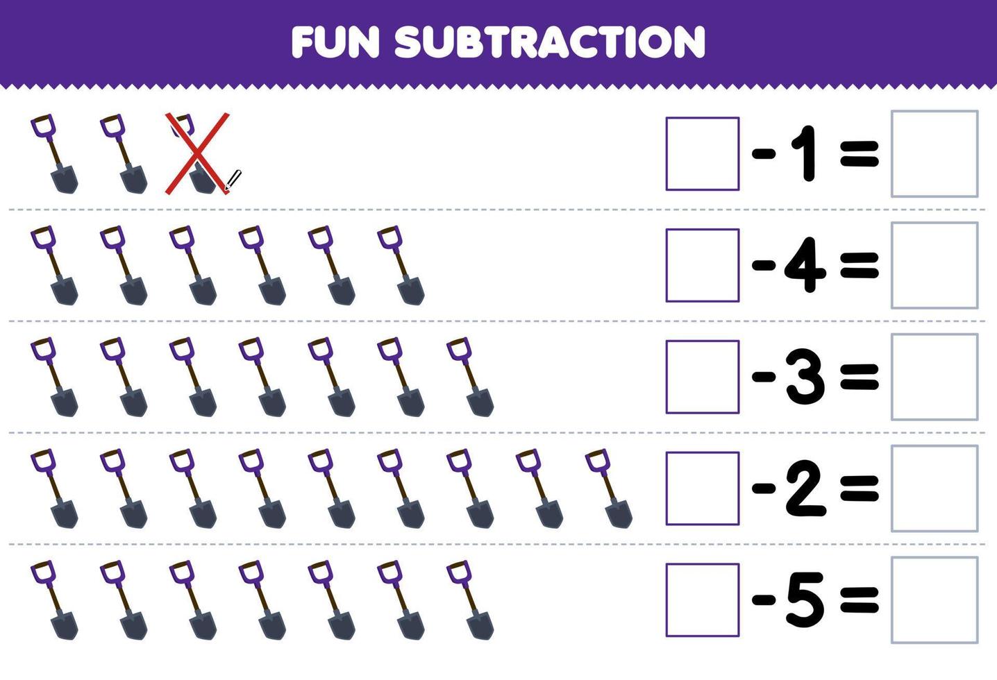 educación juego para niños divertido sustracción por contando linda dibujos animados pala en cada fila y eliminando eso imprimible herramienta hoja de cálculo vector