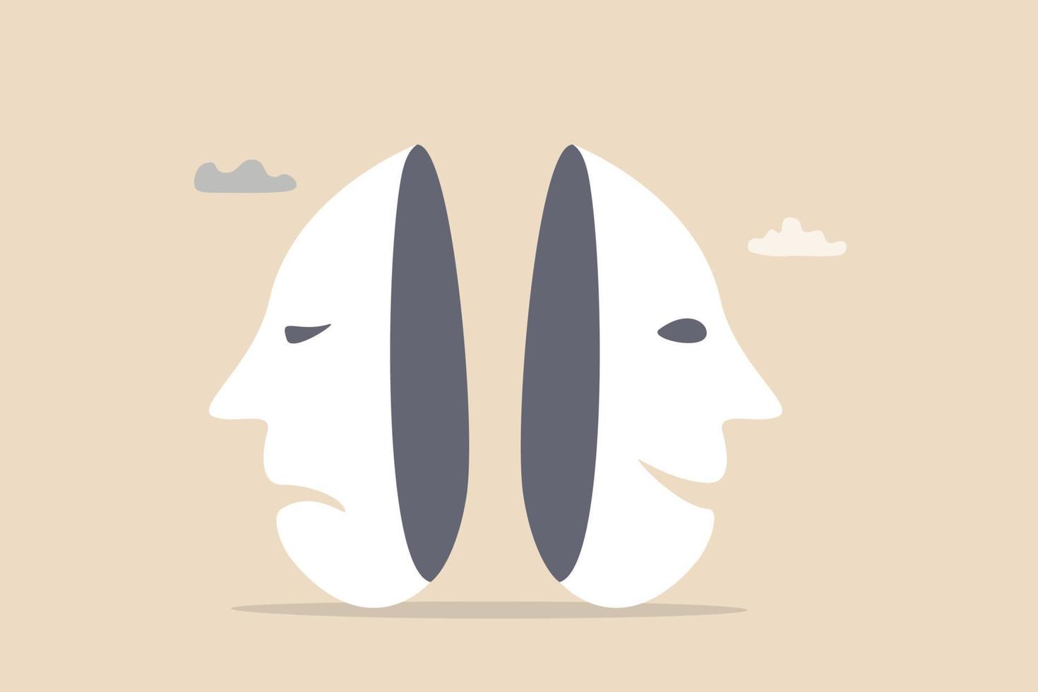 Bipolar disorder, multi personality or emotional intelligence, change feeling or mood, anxiety disease or depression concept, disguise mask face with one happy smiling and other sad and sorrowful.es vector