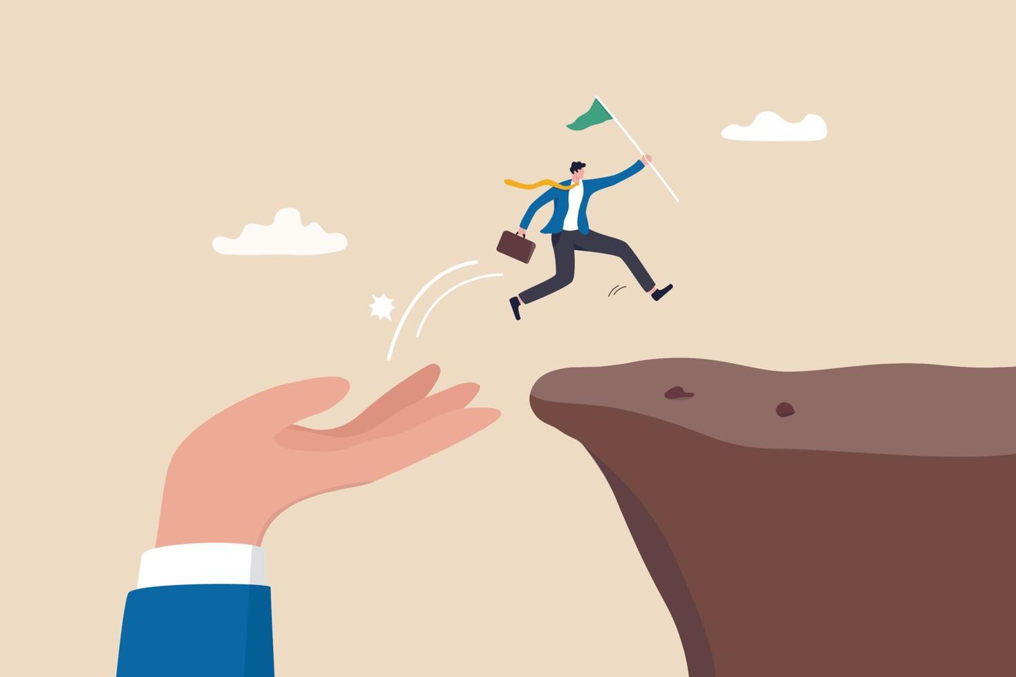 Helping hand or support to help achieve success, assistance or advice to reach next level, solution or employee encouragement concept, giant hand help businessman to jump up the cliff reach success. vector