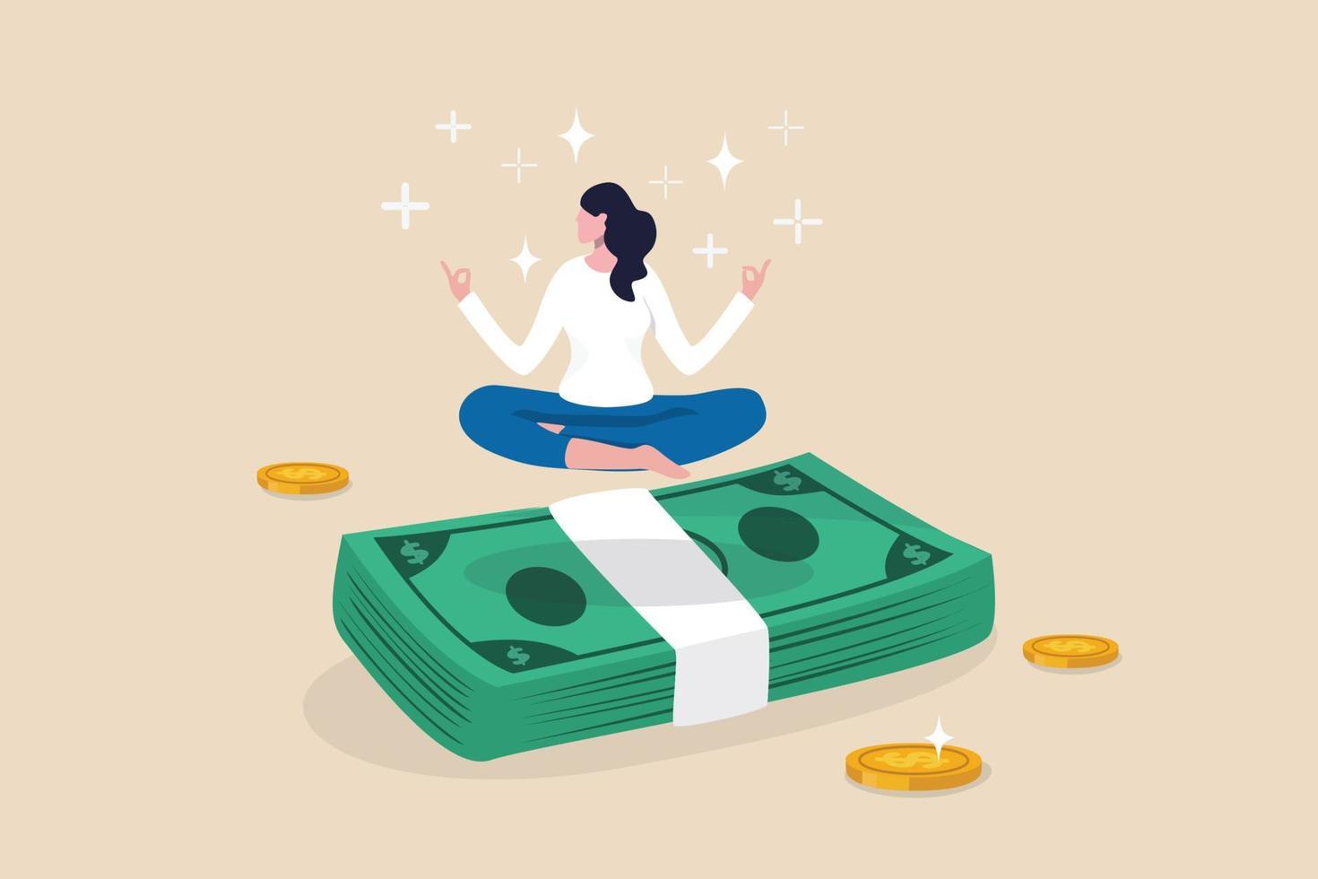 financiero bienestar, dinero gestión, ahorros o inversión, haciendo dinero o riqueza acumular, ingreso, salario o salario concepto, éxito mujer loto meditando en pila de dinero billetes y moneda. vector